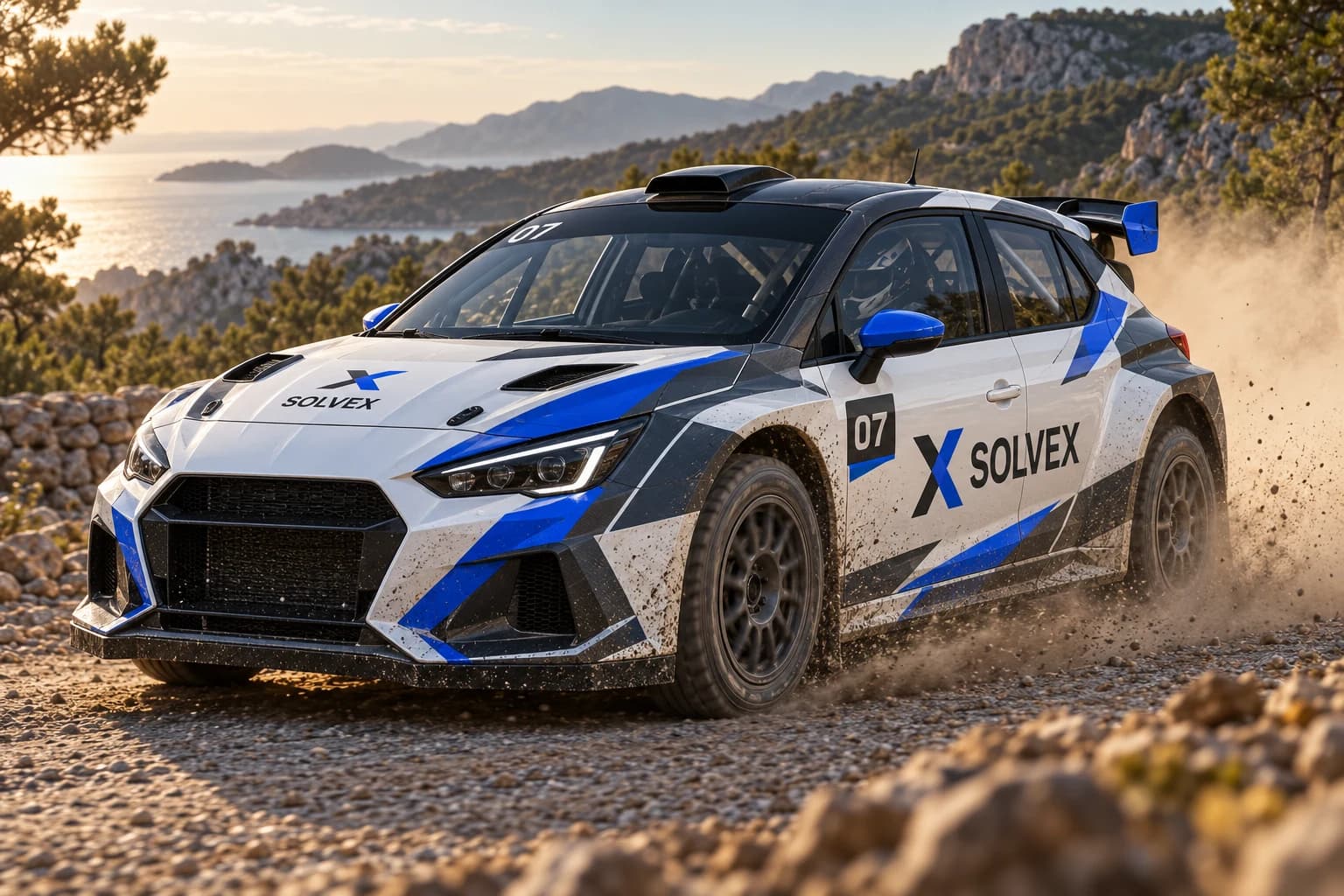 Solvex rally concept: a white, graphite and cobalt rally car on a coastal gravel stage.